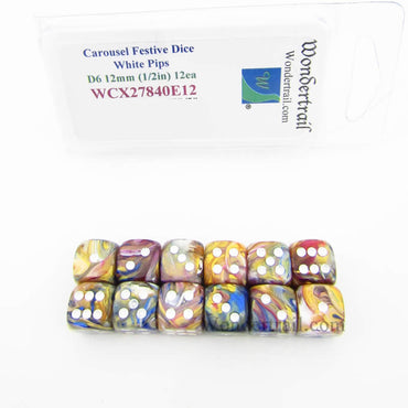 WCX27840E12 Carousel Festive Dice White Pips 12mm (1/2in) D6 Pack of 12 (ONLINE ORDER ONLY)