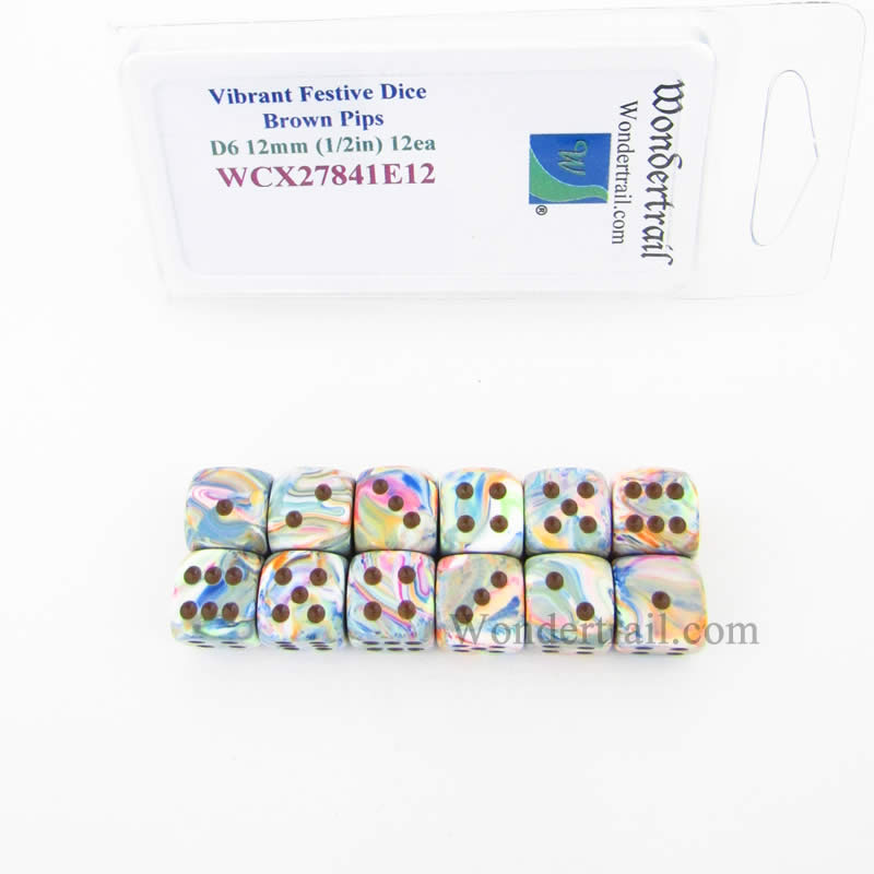 WCX27841E12 Vibrant Festive Dice Brown Pips 12mm (1/2in) D6 Pack of 12 (ONLINE ORDER ONLY)