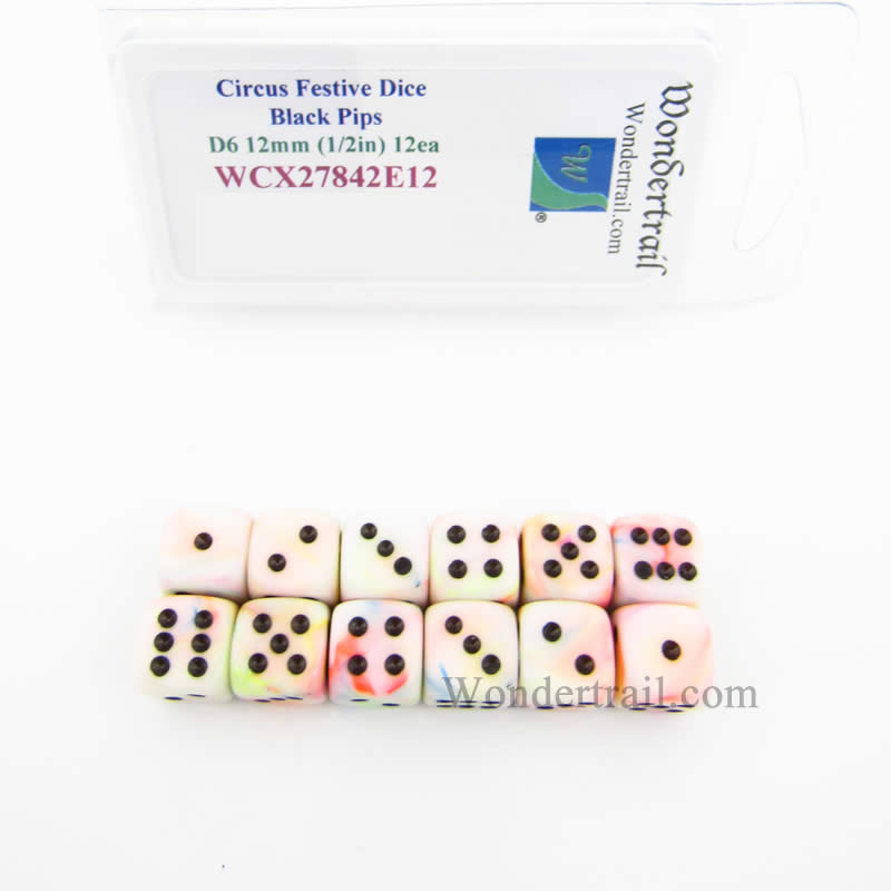 WCX27842E12 Circus Festive Dice Black Pips 12mm (1/2in) D6 Pack of 12 (ONLINE ORDER ONLY)