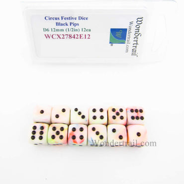 WCX27842E12 Circus Festive Dice Black Pips 12mm (1/2in) D6 Pack of 12 (ONLINE ORDER ONLY)