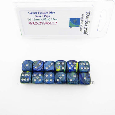 WCX27845E12 Green Festive Dice Silver Pips 12mm (1/2in) D6 Pack of 12 (ONLINE ORDER ONLY)