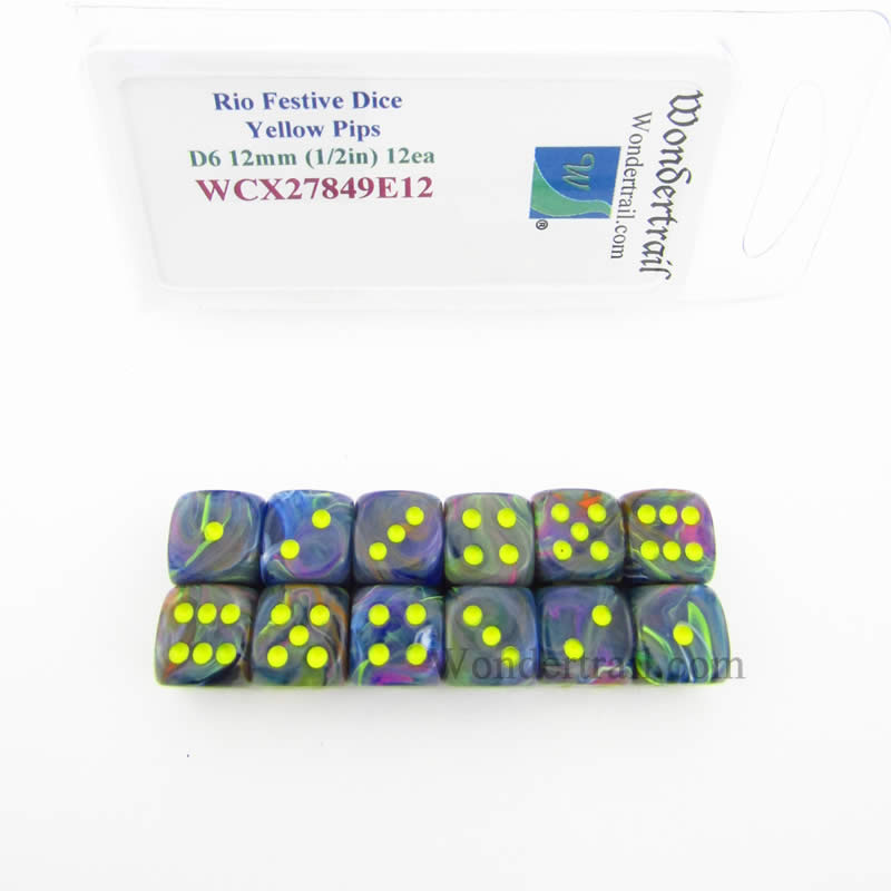 WCX27849E12 Rio Festive Dice with Yellow Pips 12mm (1/2in) D6 Pack of 12 (ONLINE ORDER ONLY)