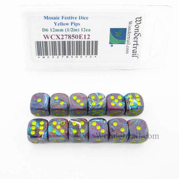 WCX27850E12 Mosaic Festive Dice Yellow Pips 12mm (1/2in) D6 Set of 12 (ONLINE ORDER ONLY)