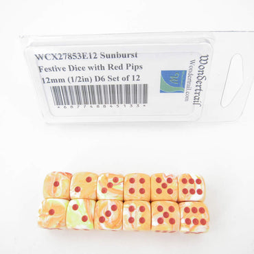 WCX27853E12 Sunburst Festive Dice with Red Pips 12mm (1/2in) D6 Set of 12 (ONLINE ORDER ONLY)