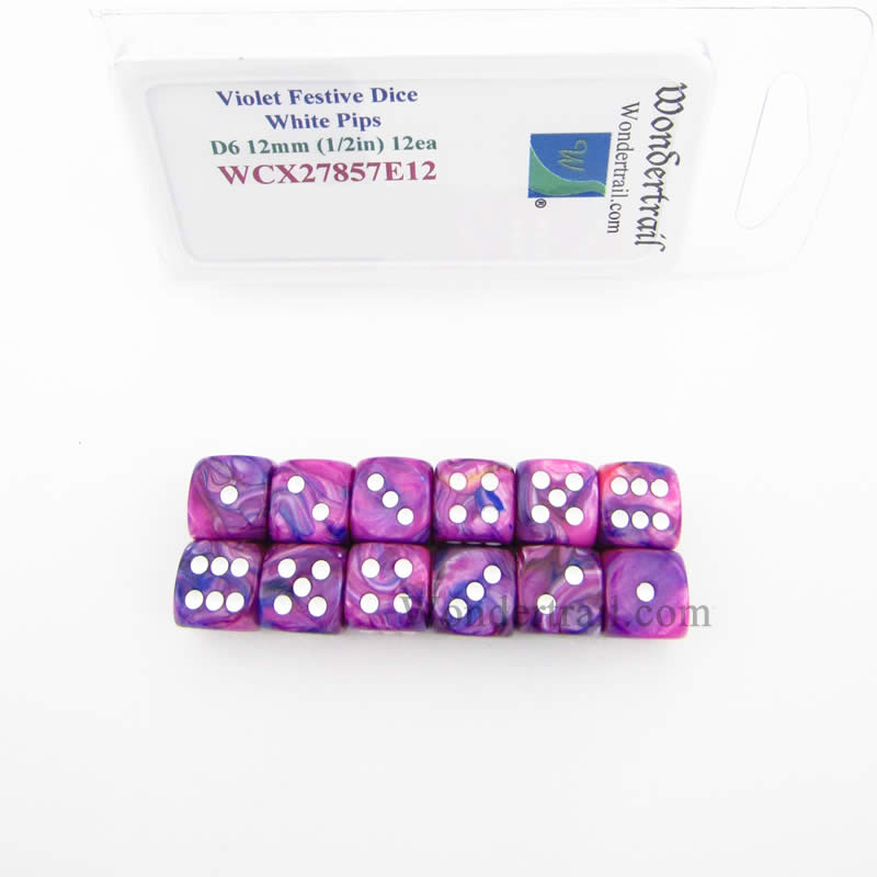 WCX27857E12 Violet Festive Dice with White Pips 12mm (1/2in) D6 Set of 12 (ONLINE ORDER ONLY)