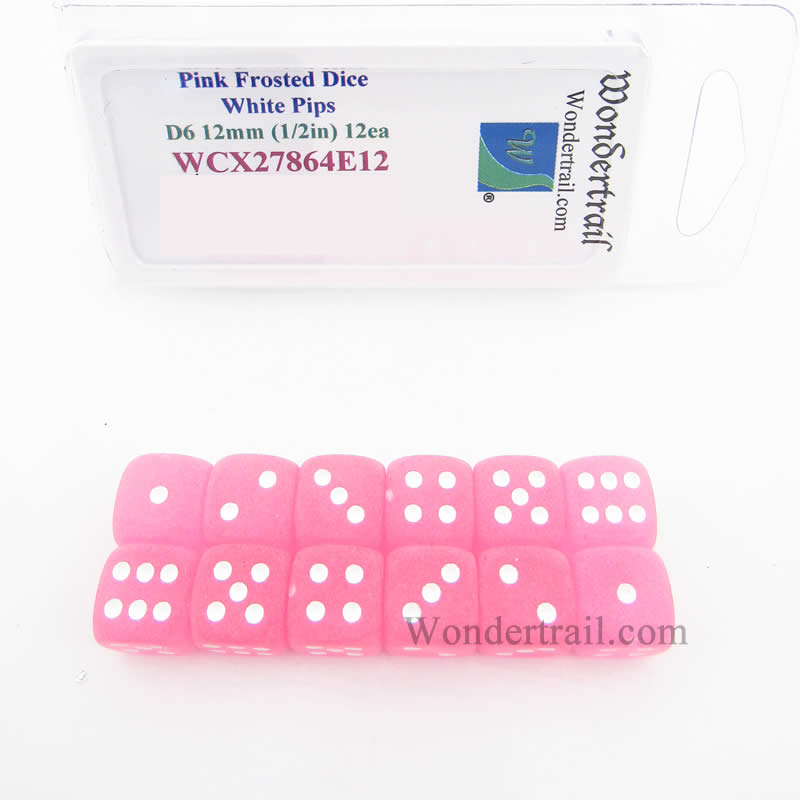 WCX27864E12 Pink Frosted Dice with White Pips 12mm (1/2in) D6 Set of 12 (ONLINE ORDER ONLY)