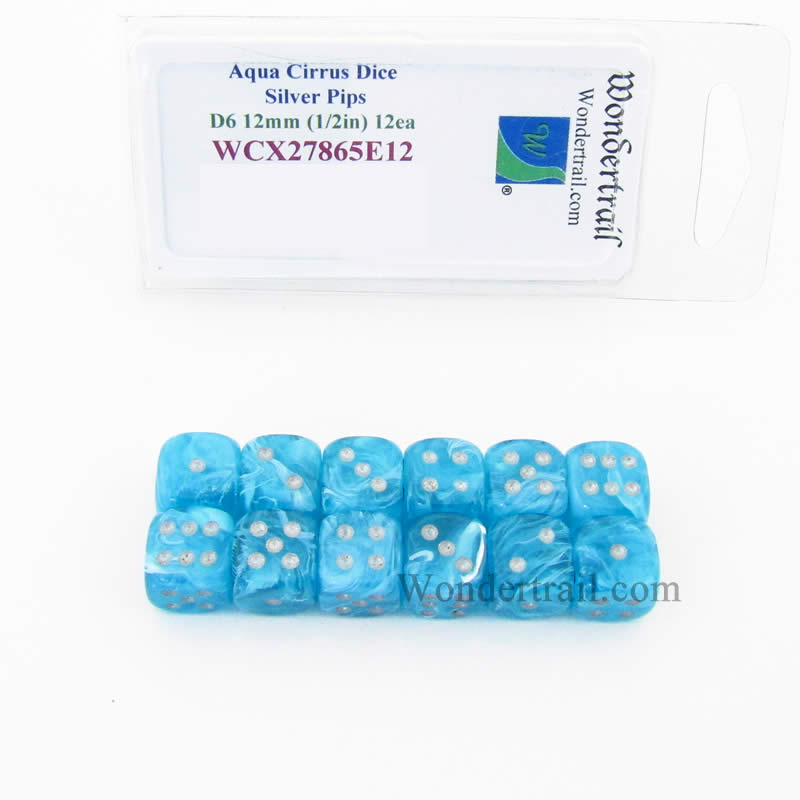 WCX27865E12 Aqua Cirrus Dice with Silver Pips 12mm (1/2in) D6 Set of 12 (ONLINE ORDER ONLY)