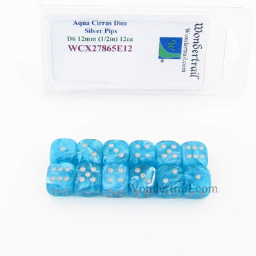 WCX27865E12 Aqua Cirrus Dice with Silver Pips 12mm (1/2in) D6 Set of 12 (ONLINE ORDER ONLY)