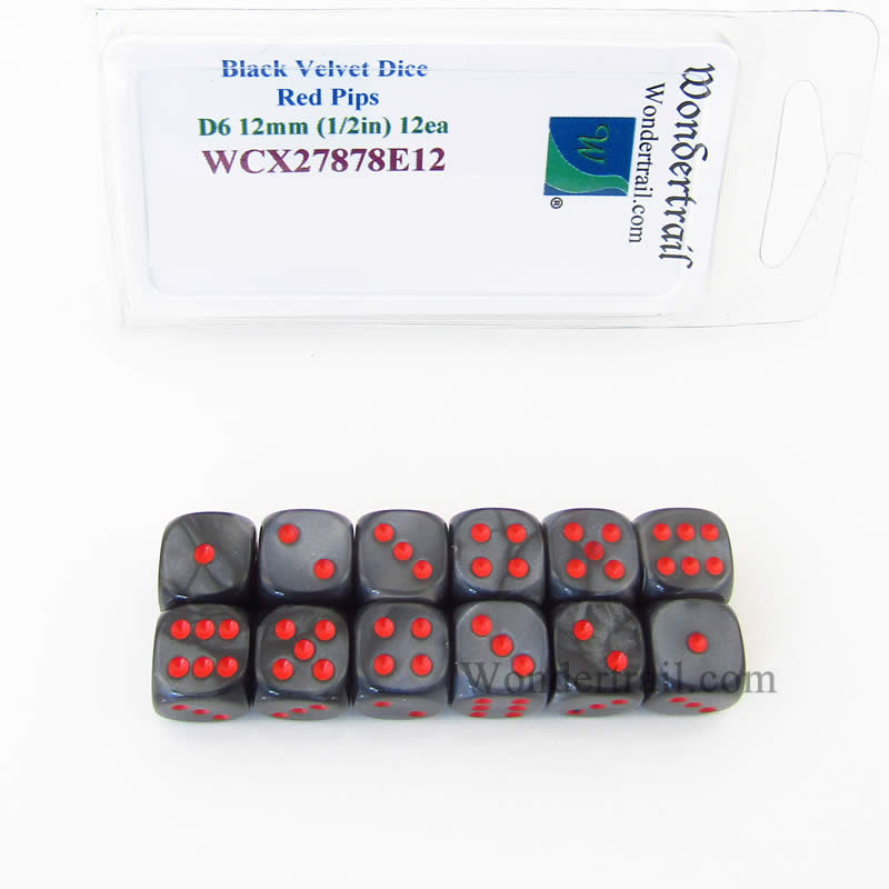 WCX27878E12 Black Velvet Dice with Red Pips 12mm (1/2in) D6 Set of 12 (ONLINE ORDER ONLY)