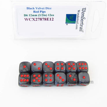 WCX27878E12 Black Velvet Dice with Red Pips 12mm (1/2in) D6 Set of 12 (ONLINE ORDER ONLY)