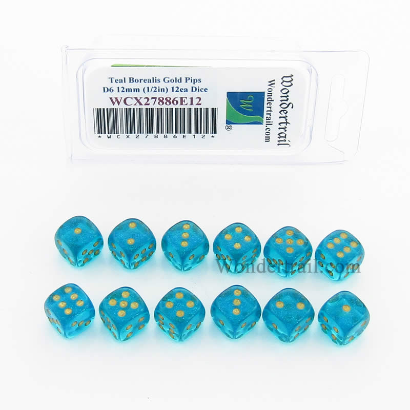 WCX27886E12 Teal Borealis Dice Gold Pips 12mm (1/2in) D6 Pack of 12 (ONLINE ORDER ONLY)