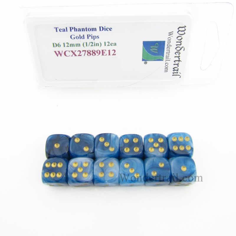 WCX27889E12 Teal Phantom Dice Gold Pips 12mm (1/2in) D6 Pack of 12 (ONLINE ORDER ONLY)
