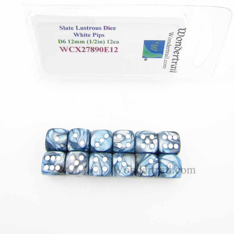WCX27890E12 Slate Lustrous Dice White Pips 12mm (1/2in) D6 Pack of 12 (ONLINE ORDER ONLY)