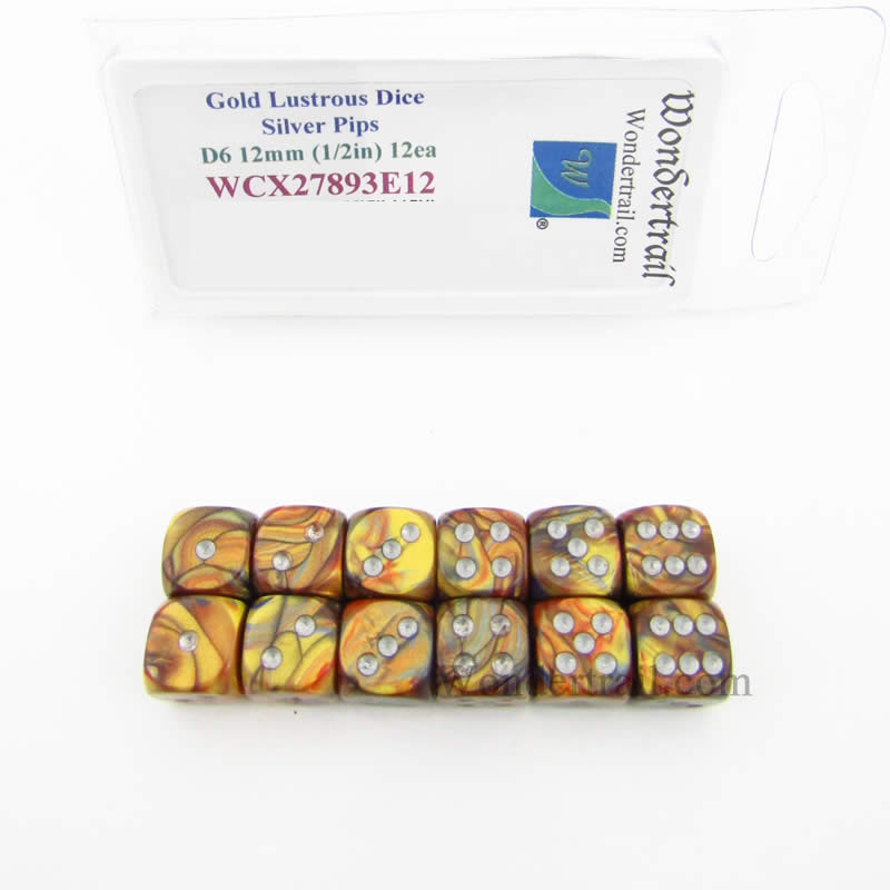 WCX27893E12 Gold Lustrous Dice Silver Pips 12mm (1/2in) D6 Pack of 12 (ONLINE ORDER ONLY)