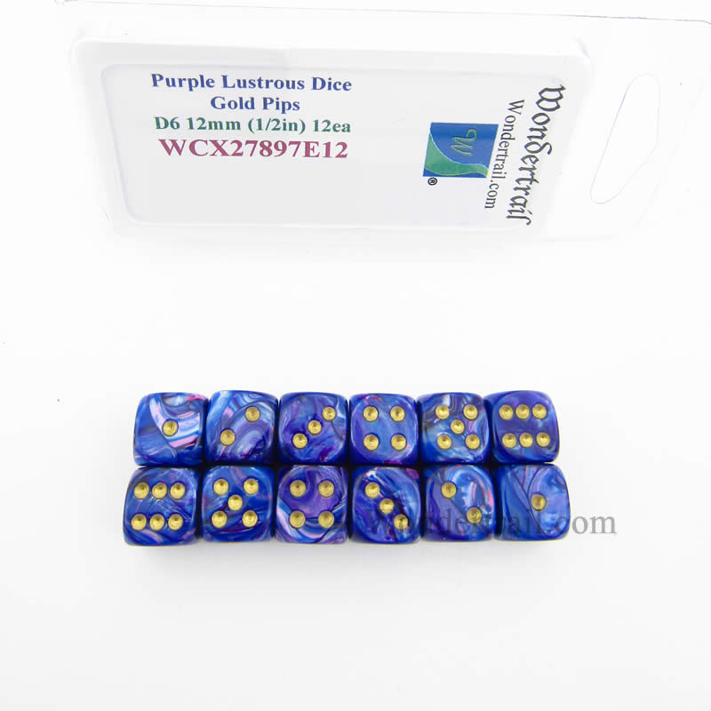 WCX27897E12 Purple Lustrous Dice Gold Pips 12mm (1/2in) D6 Pack of 12 (ONLINE ORDER ONLY)