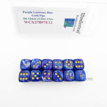 WCX27897E12 Purple Lustrous Dice Gold Pips 12mm (1/2in) D6 Pack of 12 (ONLINE ORDER ONLY)