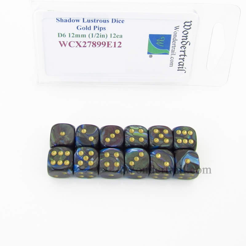 WCX27899E12 Shadow Lustrous Dice Gold Pips 12mm (1/2in) D6 Set of 12 (ONLINE ORDER ONLY)