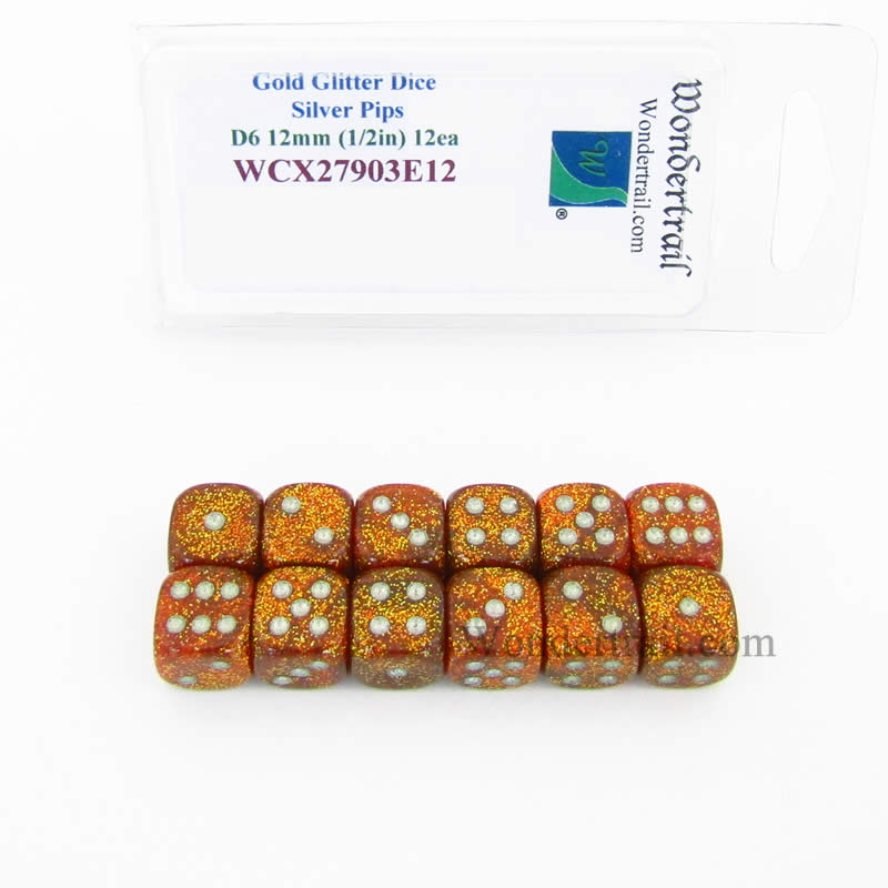 WCX27903E12 Gold Glitter Dice with Silver Pips 12mm (1/2in) D6 Set of 12 (ONLINE ORDER ONLY)