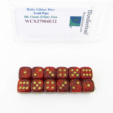 WCX27904E12 Ruby Glitter Dice with Gold Pips 12mm (1/2in) D6 Set of 12 (ONLINE ORDER ONLY)