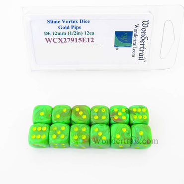 WCX27915E12 Slime Vortex Dice with Gold Pips 12mm (1/2in) D6 Set of 12 (ONLINE ORDER ONLY)