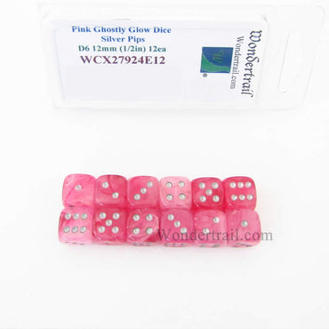 WCX27924E12 Pink Ghostly Glow Dice Silver Pips 12mm (1/2in) D6 Set of 12 (ONLINE ORDER ONLY)
