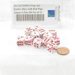 WCX27939E12 Pop Art Festive Dice with Red Pips 12mm (1/2in) D6 Set of 12 (ONLINE ORDER ONLY)
