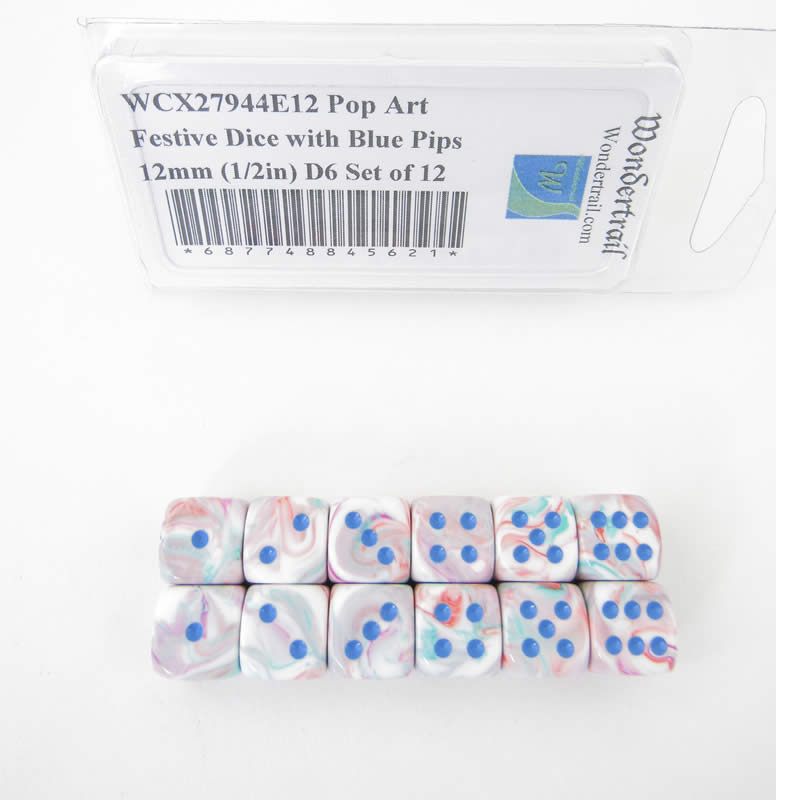 WCX27944E12 Pop Art Festive Dice with Blue Pips 12mm (1/2in) D6 Set of 12 (ONLINE ORDER ONLY)