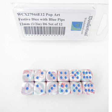 WCX27944E12 Pop Art Festive Dice with Blue Pips 12mm (1/2in) D6 Set of 12 (ONLINE ORDER ONLY)