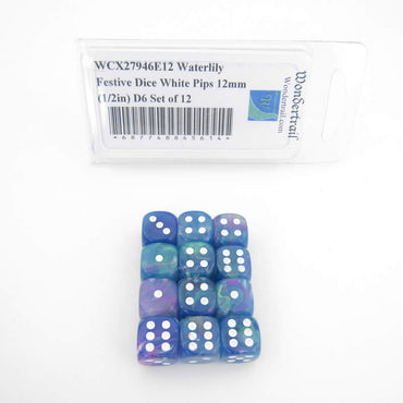 WCX27946E12 Waterlily Festive Dice White Pips 12mm (1/2in) D6 Set of 12 (ONLINE ORDER ONLY)