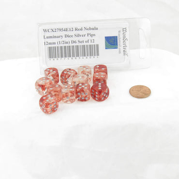 WCX27954E12 Red Nebula Luminary Dice Silver Pips 12mm (1/2in) D6 Set of 12 (ONLINE ORDER ONLY)