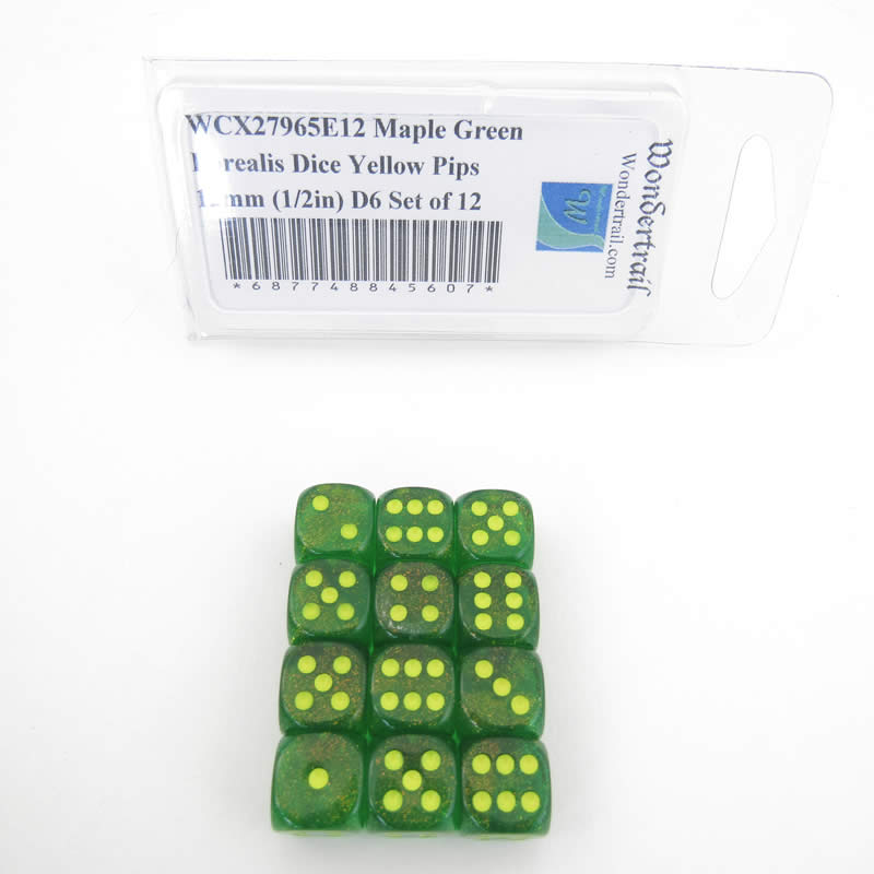 WCX27965E12 Maple Green Borealis Dice Yellow Pips 12mm (1/2in) D6 Set of 12 (ONLINE ORDER ONLY)