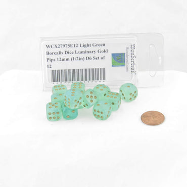 WCX27975E12 Light Green Borealis Dice Luminary Gold Pips 12mm (1/2in) D6 Set of 12 (ONLINE ORDER ONLY)