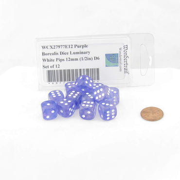 WCX27977E12 Purple Borealis Dice Luminary White Pips 12mm (1/2in) D6 Set of 12 (ONLINE ORDER ONLY)