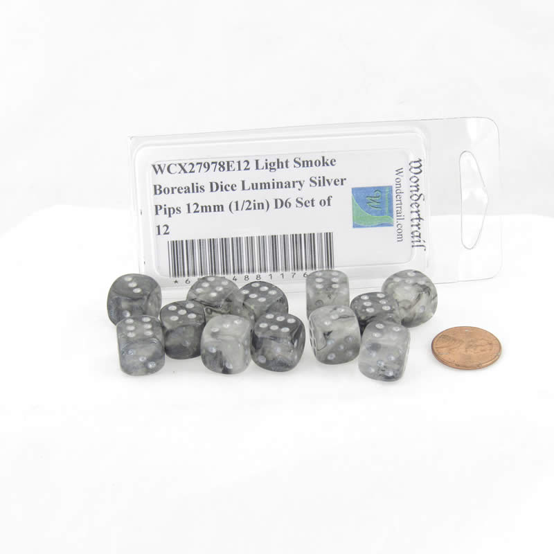 WCX27978E12 Light Smoke Borealis Dice Luminary Silver Pips 12mm (1/2in) D6 Set of 12 (ONLINE ORDER ONLY)