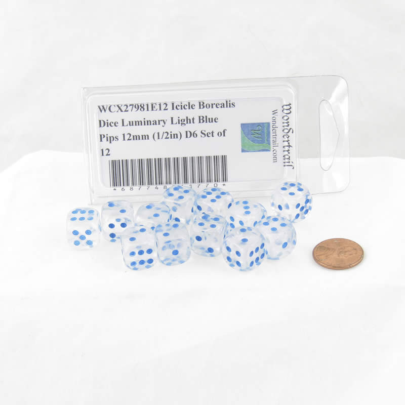 WCX27981E12 Icicle Borealis Dice Luminary Light Blue Pips 12mm (1/2in) D6 Set of 12 (ONLINE ORDER ONLY)