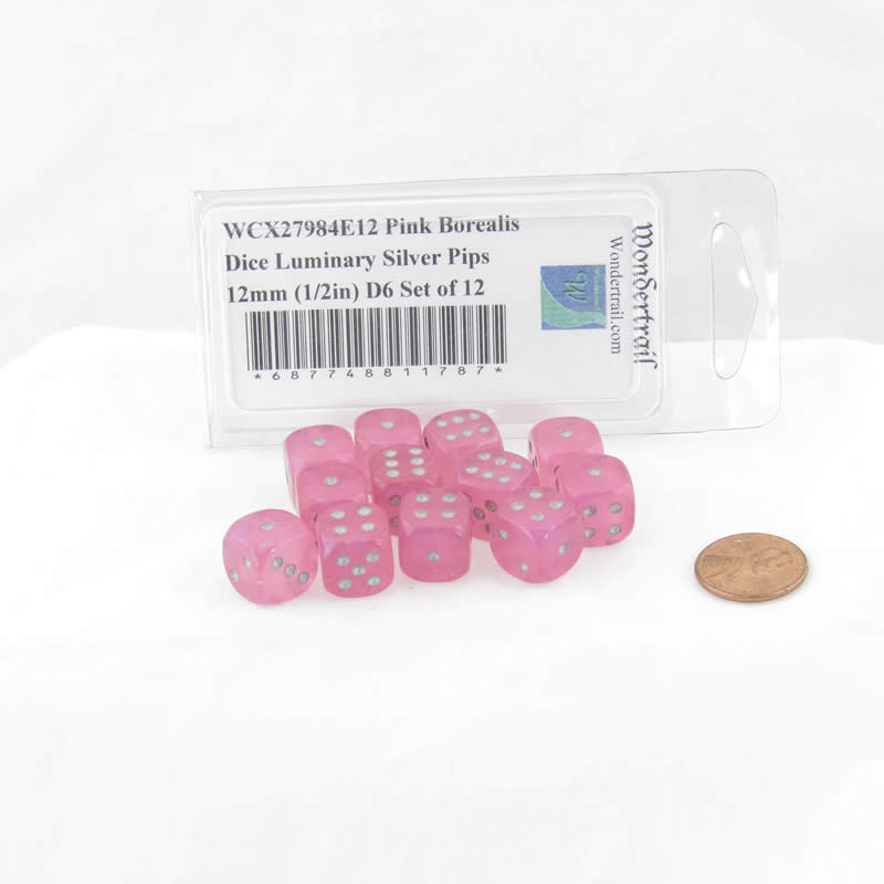WCX27984E12 Pink Borealis Dice Luminary Silver Pips 12mm (1/2in) D6 Set of 12 (ONLINE ORDER ONLY)
