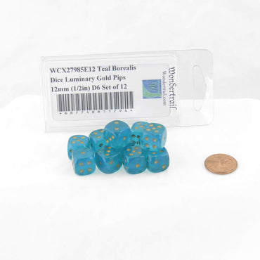 WCX27985E12 Teal Borealis Dice Luminary Gold Pips 12mm (1/2in) D6 Set of 12 (ONLINE ORDER ONLY)
