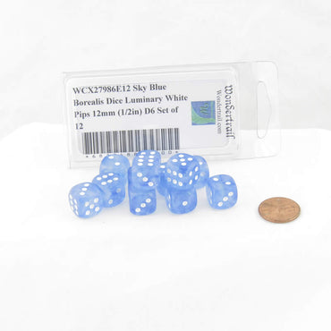 WCX27986E12 Sky Blue Borealis Dice Luminary White Pips 12mm (1/2in) D6 Set of 12 (ONLINE ORDER ONLY)