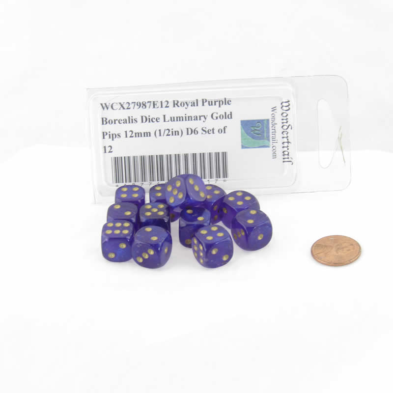 WCX27987E12 Royal Purple Borealis Dice Luminary Gold Pips 12mm (1/2in) D6 Set of 12 (ONLINE ORDER ONLY)