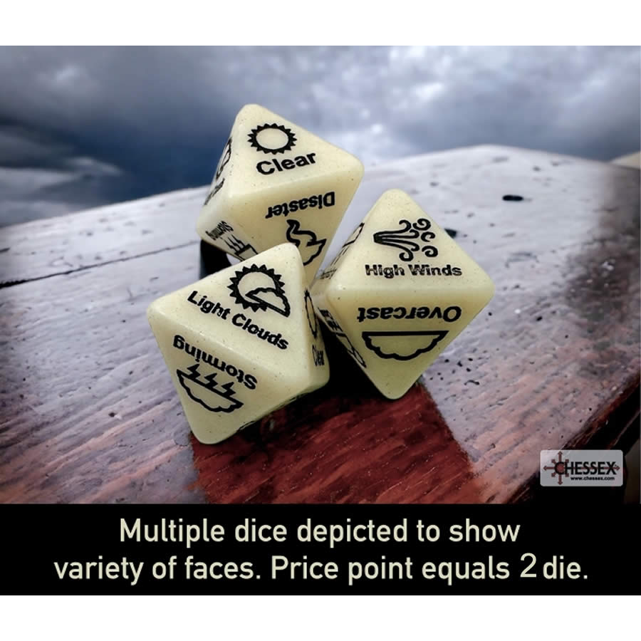 WCXCV0003AE2 Ivory Weather Dice with Black Words 15mm (19/32 inch) D8 Set of 2 (ONLINE ORDER ONLY)
