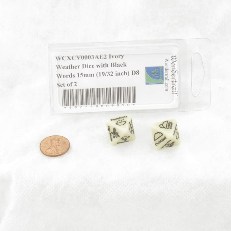 WCXCV0003AE2 Ivory Weather Dice with Black Words 15mm (19/32 inch) D8 Set of 2 (ONLINE ORDER ONLY)
