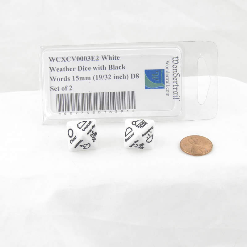 WCXCV0003E2 White Weather Dice with Black Words 15mm (19/32 inch) D8 Set of 2 (ONLINE ORDER ONLY)