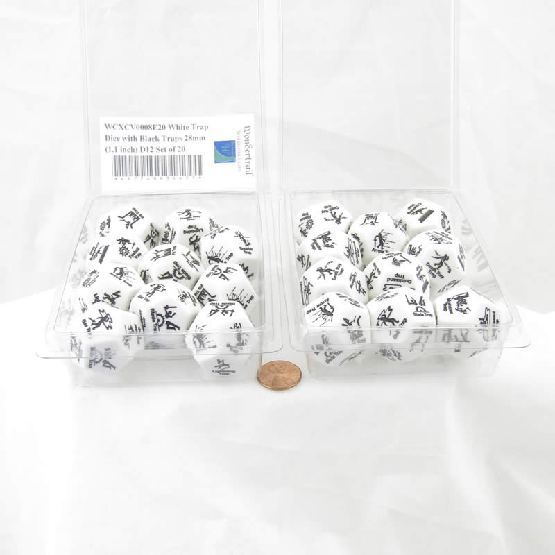 WCXCV0008E20 White Trap Dice with Black Traps 28mm (1.1 inch) D12 Set of 20 (ONLINE ORDER ONLY)