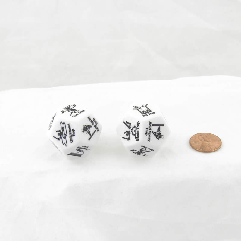 WCXCV0008E2 White Trap Dice with Black Traps 28mm (1.1 inch) D12 Set of 2 (ONLINE ORDER ONLY)
