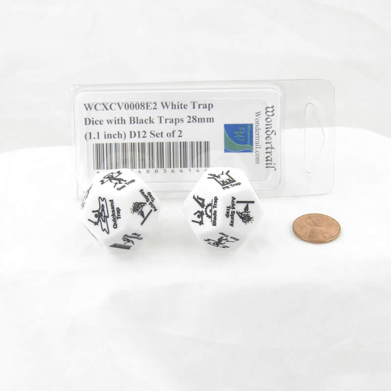 WCXCV0008E2 White Trap Dice with Black Traps 28mm (1.1 inch) D12 Set of 2 (ONLINE ORDER ONLY)