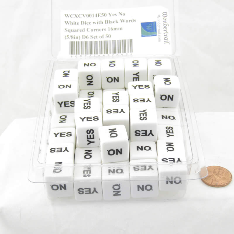 WCXCV0014E50 Yes No White Dice with Black Words Squared Corners 16mm (5/8in) D6 Set of 50 (ONLINE ORDER ONLY)
