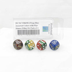 WCXCV0069E4 Poop Dice Assorted Colors with Pips 16mm (5/8in) D6 Pack of 4 (ONLINE ORDER ONLY)