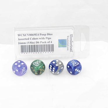 WCXCV0069E4 Poop Dice Assorted Colors with Pips 16mm (5/8in) D6 Pack of 4 (ONLINE ORDER ONLY)