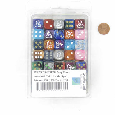 WCXCV0069E50 Poop Dice Assorted Colors with Pips 16mm (5/8in) D6 Pack of 50 (ONLINE ORDER ONLY)