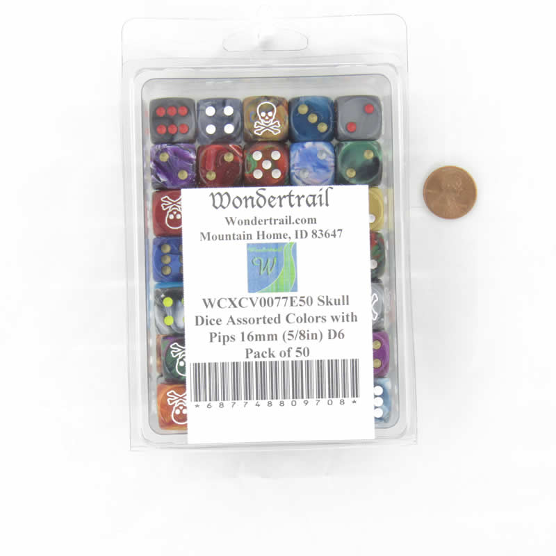 WCXCV0077E50 Skull and Crossbones Dice Assorted Colors with Pips 16mm D6 Pack of 50 (ONLINE ORDER ONLY)